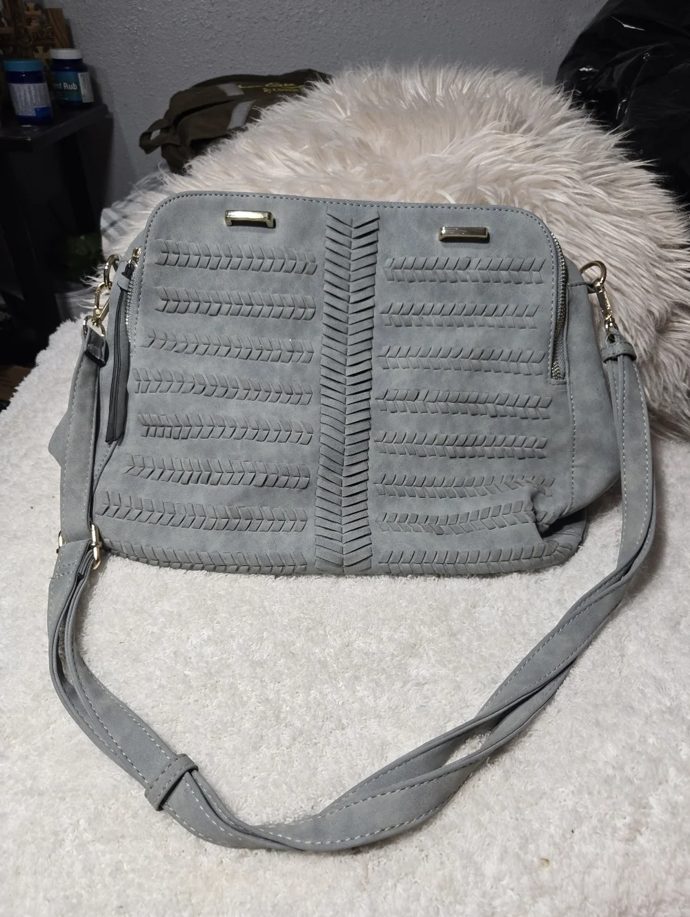 Grey Blue Faux Suede Braided Boho Convertible Crossbody Handbag Detachable Strap